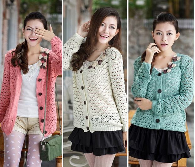 เสื้อไหมพรมถัก นิตติ้ง ถักแบบ ตาข่ายใหญ่ ติดโบว์ สุดน่ารัก เสื้อกันหนาว หวาน ๆ เสื้อคลุม ผู้หญิง แขนยาว ใส่คลุมในห้องแอร์ ห้องเรียน 471198