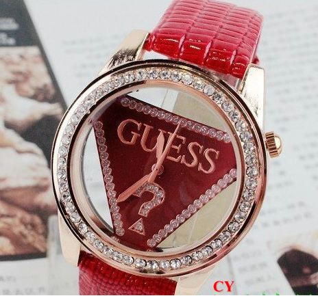 นาฬิกาข้อมือ ผู้หญิง สายหนัง หน้าปัด Guess ประดับเพชร สีแดง