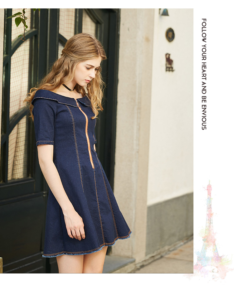 Dress4501 เดรสยีนส์เปิดไหล่แขนสามส่วน ซิปหน้าใส่ง่าย แต่งชายรุ่ยดูมีดีเทล ผ้ายีนส์แท้ยีนส์ยืดเนื้อดี