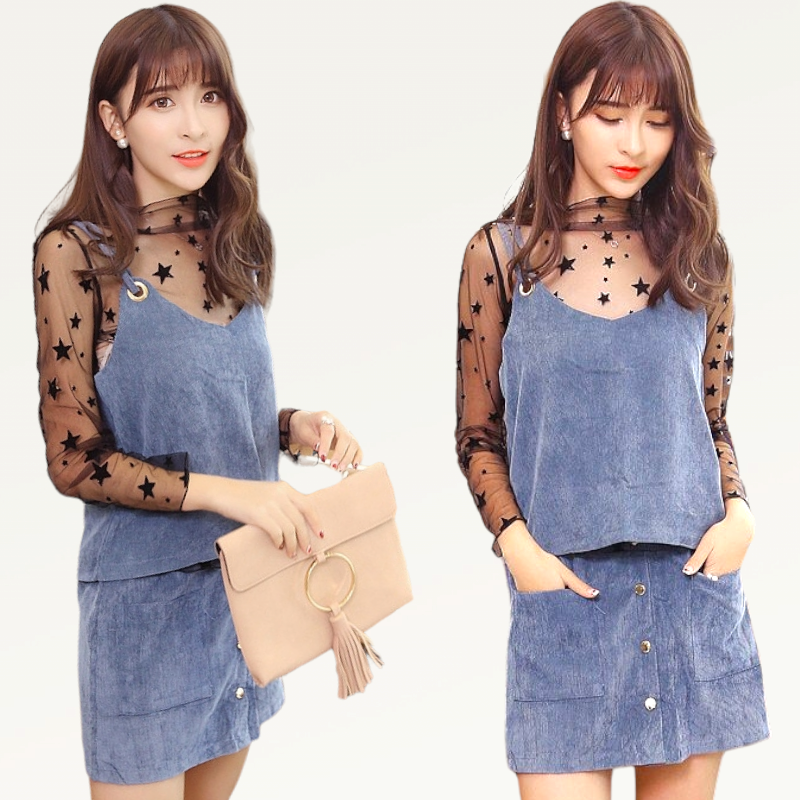 Set_bs1693 เซ็ท(เสื้อ+กระโปรง) เสื้อสายเดี่ยว+แขนยาวซีทรู+กระโปรง ผ้าลูกฟูกเนื้อดี งานดีทรงดี ใส่แล้วน่ารักดูดีสุด