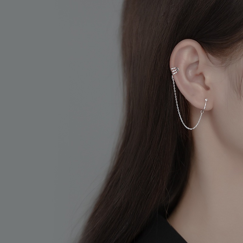 ต่างหูหนีบ Ear Cuff รุ่น Clound เงินแท้S925 ต่างหูคลิปหนีบห่วงและ3แฉก แต่งโซ่ สีเงิน Silver925