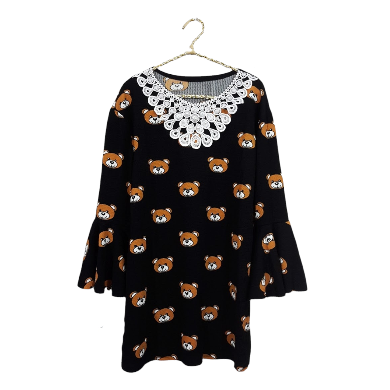 Dress3445 Big Size ชุดเดรส/เสื้อตัวยาวแฟชั่นไซส์ใหญ่ลายหน้าหมี คอลูกไม้ถัก แขนกระดิ่ง ผ้าวูลเวฟ(ผ้าหนังไก่)เนื้อนุ่มมีน้ำหนักทิ้งตัวยืดขยายได้เยอะ ลายหมี มี 3 สี กรม, ขาว, ดำ