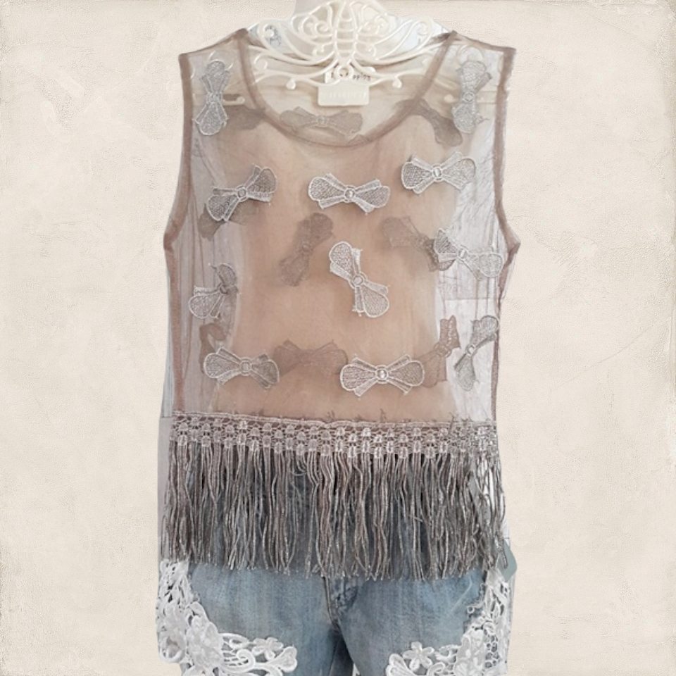 Blouse3012 เสื้อแฟชั่นแขนกุดแต่งโบว์ชายรุ่ย ผ้าซีทรูสีน้ำตาล (เหมาะกับสาวไซส์เล็ก)