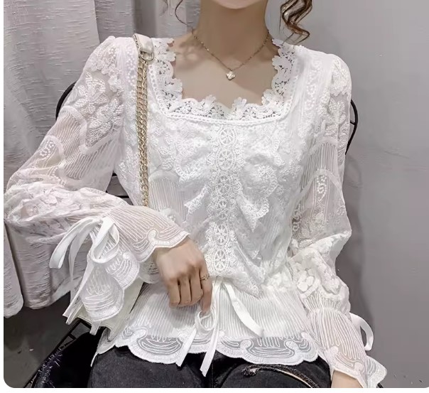 เสื้อผู้หญิง ผ้าลูกไม้ แขนยาว แขนพอง สีครีม สีขาว เสื้อลูกไม้ แบบฟูฟ่อง ใส่สวย แบบน่ารัก ๆ 702206