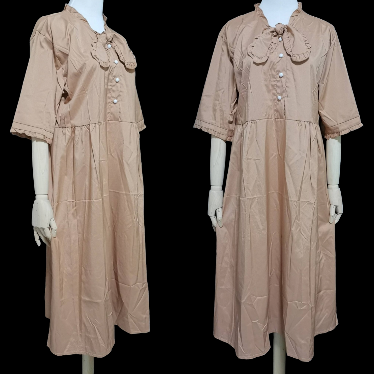 Dress4716 เดรสยาวทรงปล่อยสีพื้นน้ำตาลทอง กระดุมผ่าหน้าครึ่งตัว แขนสามส่วนแต่งระบายเล็กๆ ผ้าไมโครเนื้อดีนุ่มมีน้ำหนักทิ้งตัว งานดีทรงดีดูสวยแพง ทรงนี้สวยคลาสสิคสวมใส่ได้ทุกโอกาส