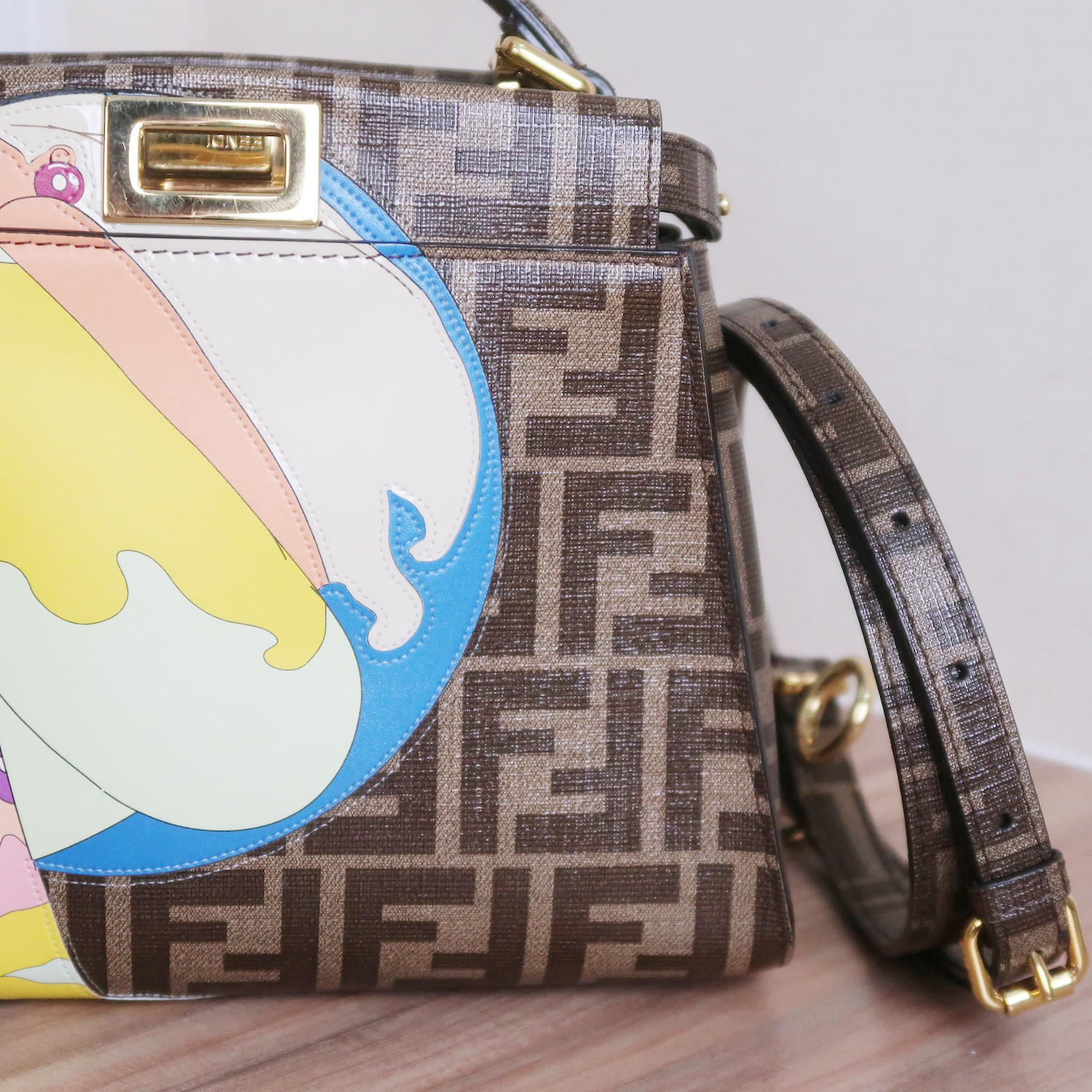 Fendi Glazed Fabric Vitello FF 1974 Hairo Girls Inlay Mini Peekaboo Satchel GHW