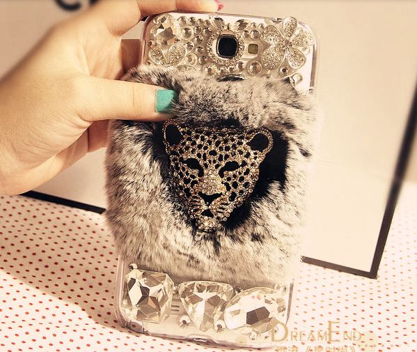 เคส iphone 5 5s ขนมิ้ง เคสขนเฟอร์ ประดับ คริสตัลรูป เสือดาว Leopard ขนเฟอร์สีเทา no 84274_3