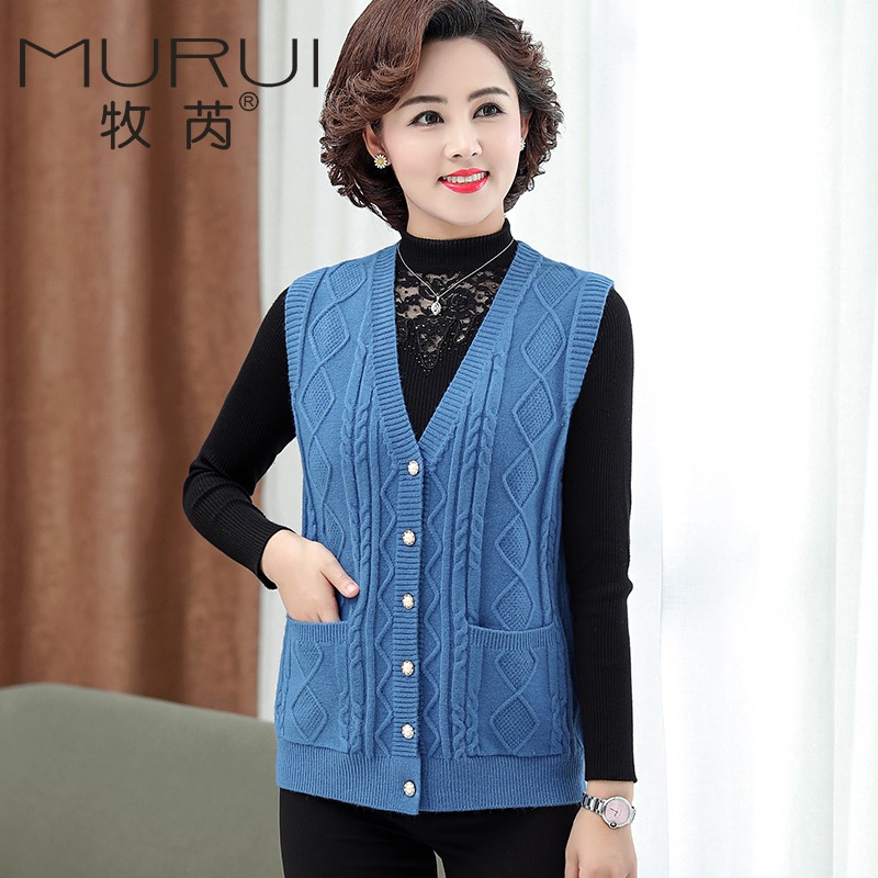 เสื้อสเวตเตอร์หญิงวัยกลางคนและผู้สูงอายุ, แม่ 50-60 ปี, เสื้อกั๊กฤดูใบไม้ร่วง, คาร์ดิแกนถักนิตติ้งขนาดใหญ่, สวมใส่ด้านนอก