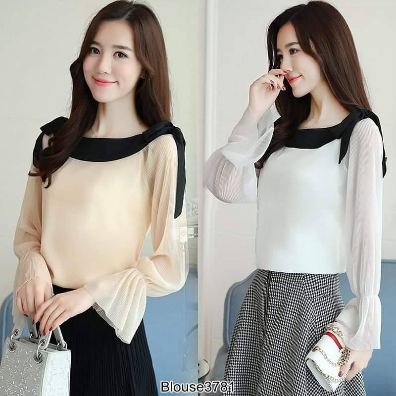 Blouse3781 เสื้อแขนยาวผูกโบว์ไหล่แต่งขอบอกสีดำตัดกับตัวเสื้อดูมีดีเทล ผ้าโพลีเนื้อดี งานสวยแมทช์กับอะไรก็ดูดี ใส่เที่ยว/ใส่ทำงานได้ มี 2 สี ขาว, ครีม