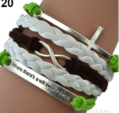 สร้อยข้อมือหนังแท้ แฟชั่นหนังถัก สีขาว สลับเขียว ไม้กางเขน ba006
