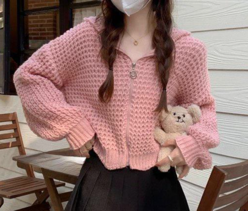เสื้อไหมพรมตาข่ายแขนยาว แบบมีฮู้ด ใส่เที่ยว หน้าหนาว เก๋ ๆ เสื้อคลุม ไหมพร้อมถัก ใส่หน้าหนาว 849934
