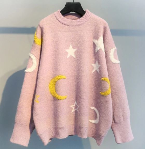 เสื้อกันหนาวผู้หญิง เสื้อคลุม เสื้อกันหนาว ไหมพรม แบบวัยรุ่น ลายดาว กับ พระจันทร์ สุดเก๋ ๆ สีแดง ชมพู 453068