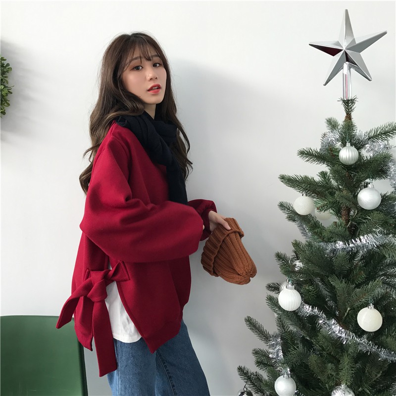 เสื้อแขนยาวแฟชั่นตัวโคล่ง สีแดงเลือดนก ผ้าสักกะหลาดเนื้อ แดง free