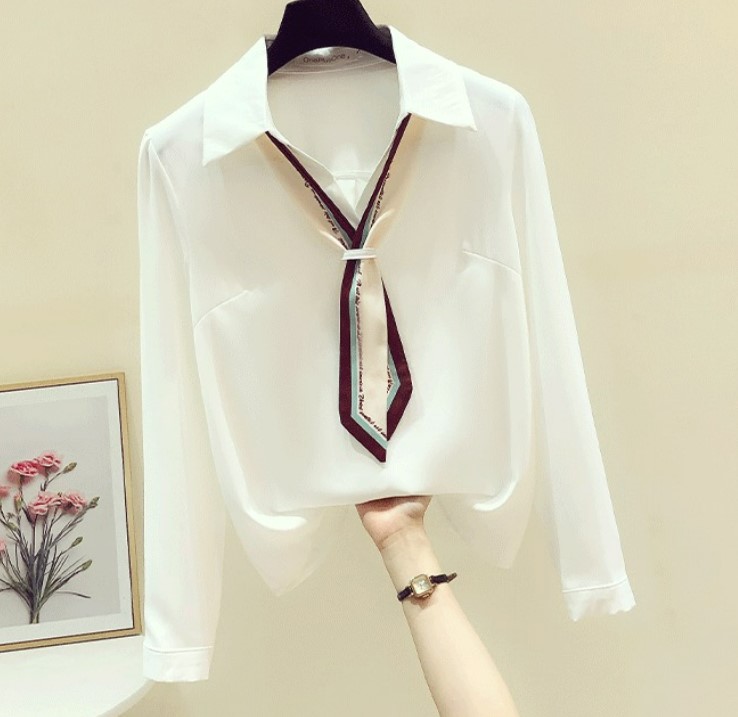 เสื้อเชิ้ตผู้หญิง แขนยาว เสื้อเชิ้ต สีขาว แฟชั่น ใส่ทำงาน แบบมีผ้าคล้องคอ แบบเนคไท เก๋ ๆ 503109