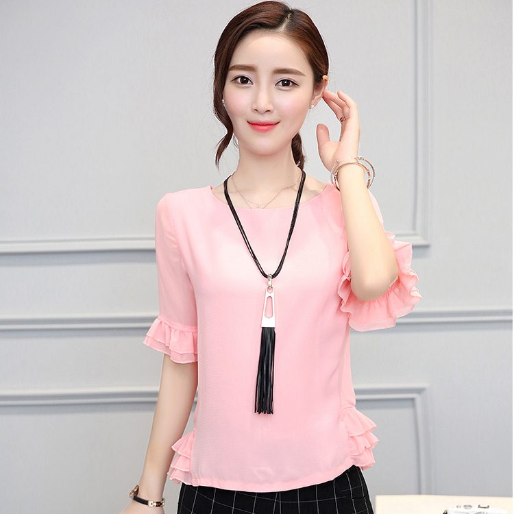 Blouse3711 เสื้อแขนระบายผ้าชีฟองเกรดพรีเมียมเนื้อหนาสวยมีน้ำหนักทิ้งตัวมีซับในอย่างดี งานสวยแมทช์กับกระโปรงหรือกางเกงได้หลายสไตล์ ใส่ทำงานได้ มี 2 สี ขาวครีม, ชมพู