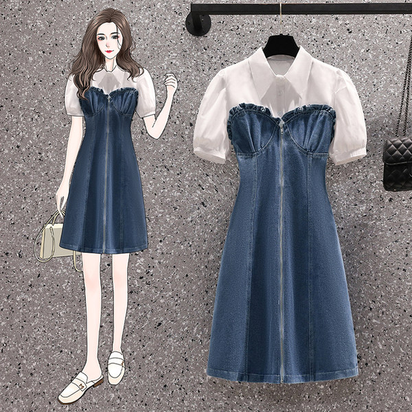 เดรสคนอ้วน เดรสสาวอวบ ชุดเดรสคนอ้วนวัยรุ่น เหมือนใส่2ชิ้น ยีนส์ BY PLUS SIZE Girl