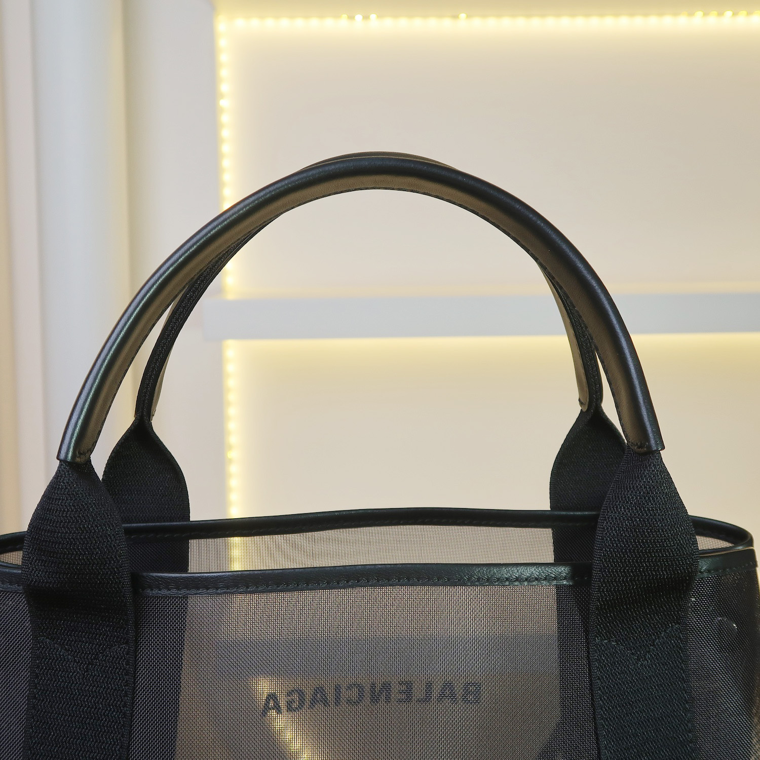 Balenciaga Black Mesh/Calfskin Logo Cabas S Tote Bag