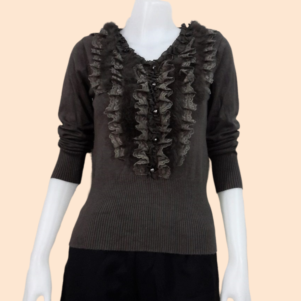 Blouse3551 2nd hand clothes เสื้อไหมพรมเนื้อแน่นผ้านุ่มน่าใส่(เนื้อหนามากมีน้ำหนัก) แขนยาว คอวี อกแต่งระบายลูกไม้เพิ่มความน่ารัก สีพื้นเทาเข้ม