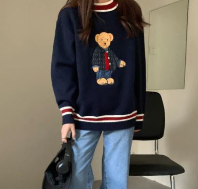 เสื้อกันหนาวผู้หญิง แฟชั่น เสื้อกันหนาว วัยรุ่น แขนยาว แขนกุด ลายหมี สไตล์ นักเรียน อังกฤษ เสื้อกันหนาว เก๋ ๆ 115478