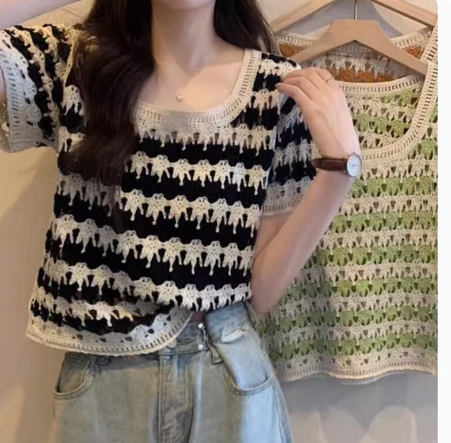 เสื้อแฟชั่น ผู้หญิง ใส่หน้าร้อน ไหมถัก แขนสั้น แบบคอกว้าง เสื้อสวย ๆ ใส่แบบมีสไตล์ หน้าร้อน 883838