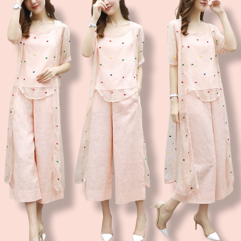 Set_bt1717 ชุดเซ็ท 3 ชิ้น(เสื้อ+กางเกง) เสื้อแขนกุด+เสื้อคลุมตัวยาวงานปักลายจุดผ้าชีฟองเนื้อดี+กางเกงขายาวเอวยืดกระเป๋าข้างผ้าคอตตอนเนื้อนุ่มใส่สบาย งานดีดีเทลดีงาม สวยดูดีแบบไม่ซ้ำใคร