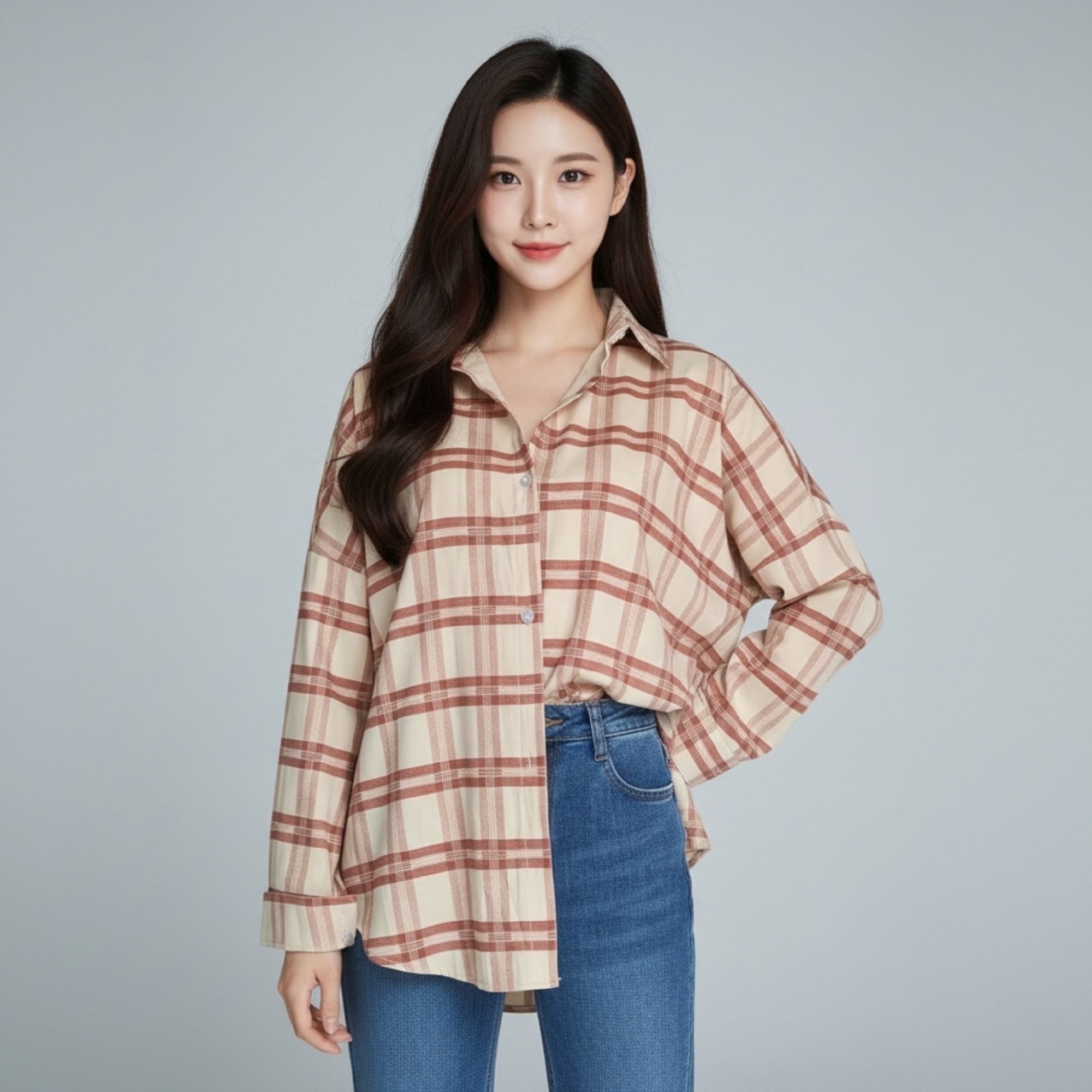 🧸 Blouse4076 เสื้อเชิ้ตโอเวอร์ไซส์ลายสก็อตครีมน้ำตาล รอบอก 48" เท่สบาย แมทช์ได้ทุกลุค ใส่เดี่ยวก็ปัง คลุมก็เก๋