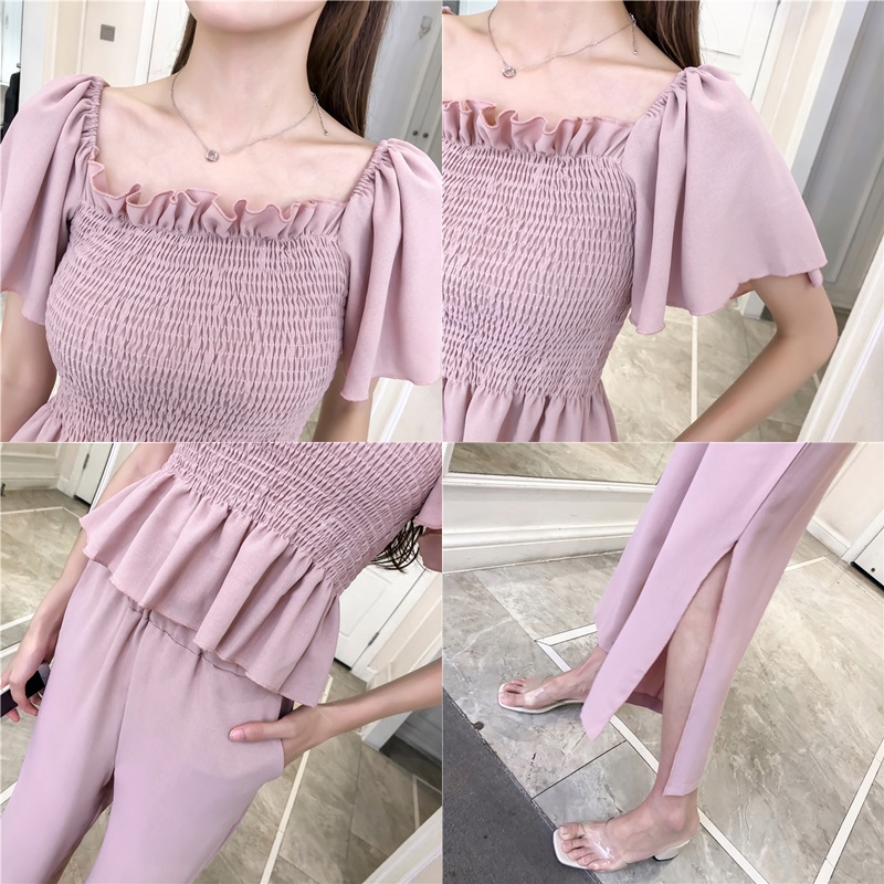 Set_bt1800 ชุดเซ็ท 2 ชิ้น(เสื้อ+กางเกง) เสื้อเปิดไหล่สม็อครอบอกแขนทรงปล่อย+กางเกงขายาวเอวยางยืดผ่าชายเล็กน้อยเพื่อความคล่องตัว มีกระเป๋าข้าง ผ้าชีฟองเกรดพรีเมียมเนื้อดีหนานุ่มมีน้ำหนักใส่สบายไม่ยับง่าย งานน่ารักเก๋ๆ ใส่เที่ยว/ใส่ทำงานได้