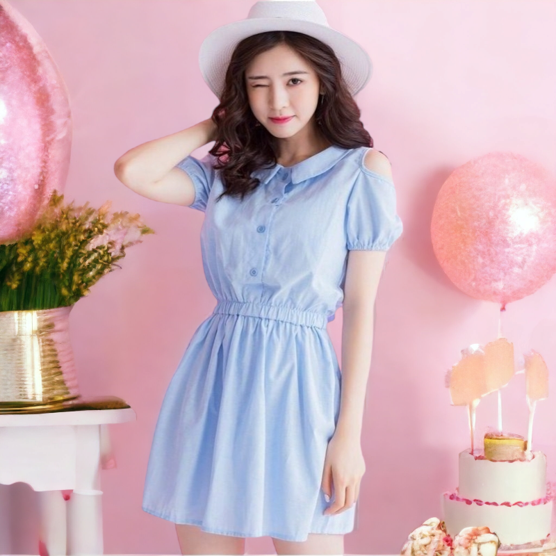 Dress4474 เดรสน่ารักทรงเว้าไหล่ เอวยางยืด ผ้าโพลีเนื้อดีสีพื้นฟ้า งานน่ารักผ้าใส่สบายใส่เก๋ๆ ได้บ่อย ทรงนี้ใส่ได้เรื่อยๆ