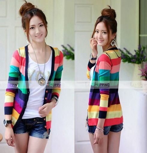 เสื้อกันหนาวแขนยาว เสื้อกันหนาวผู้หญิง ไหมถัก สีรุ้ง เข้าได้ทั้งกับ ชุดเดรส กางเกงขาสั้น กางเกงขายาว free size no 227939