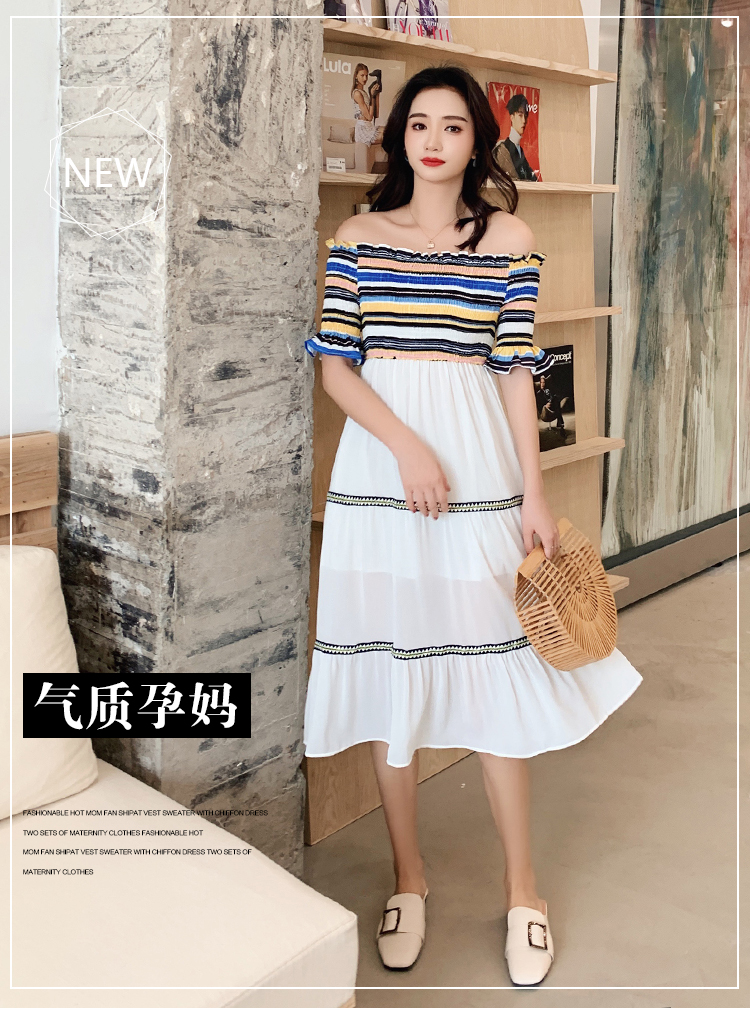 Dress4586 เดรสยาวเปิดไหล่สม็อครอบอกและเอว ช่วงบนผ้าคอตตอนลายริ้วโทนสีคัลเลอร์ฟูล ตัดต่อกระโปรงชีฟองเนื้อดีหนามีน้ำหนักสีขาวตกแต่งด้วยแถบเส้นลายกราฟฟิคดูมีดีเทล มีซับในอย่างดี งานเกรดพรีเมียมดูสวยแพง