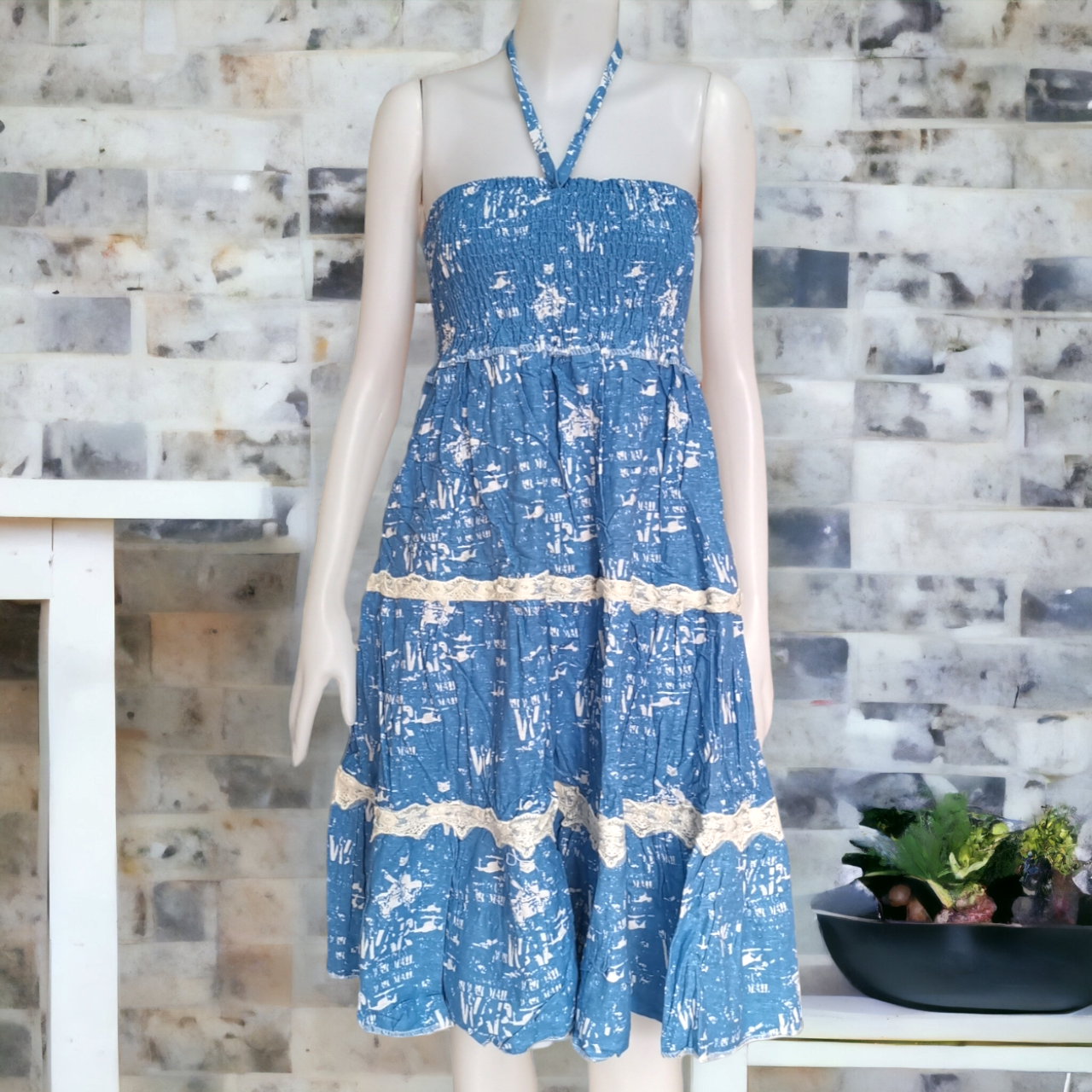 Dress4748 เดรสยาวสม็อครอบอก ใส่เป็นกระโปรงได้ มีสายผูกคอ ผ้าคอตตอนยีนส์, ผ้าสกินนี่เนื้อดี งานสวยคลาสสิคดูดีดูน่ารักทรงนี้มีติดตู้ไว้ใส่ได้เรื่อยๆ