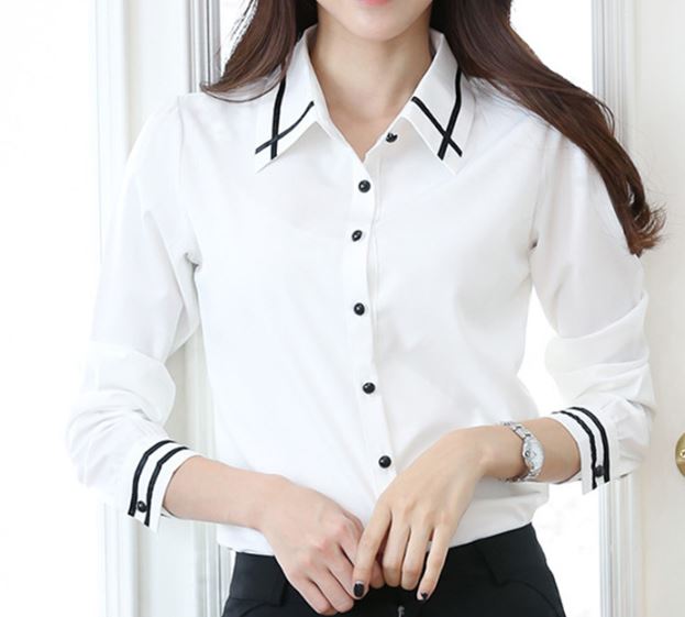 เสื้อเชิ้ตผู้หญิง เสื้อเชิ้ตแขนยาว ใส่ทำงาน เสื้อเชิ้ต สีฟ้า สีขาว ตัดเส้น สีดำ สวย ไซต์ใหญ่ ถึง 5 xl 408558