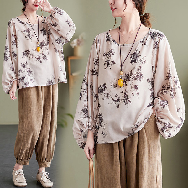 เสื้อทีเชิ้ตคนอ้วนผู้หญิงสไตล์คอตตอนลินินมีไซต์อก 47-48 นิ้ว