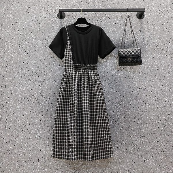 เดรสคนอ้วน เดรสสาวอวบ ชุดเดรสคนอ้วนวัยรุ่น เดรสลายสก็อต เหมือนใส่2ชิ้น BY PLUS SIZE Girl