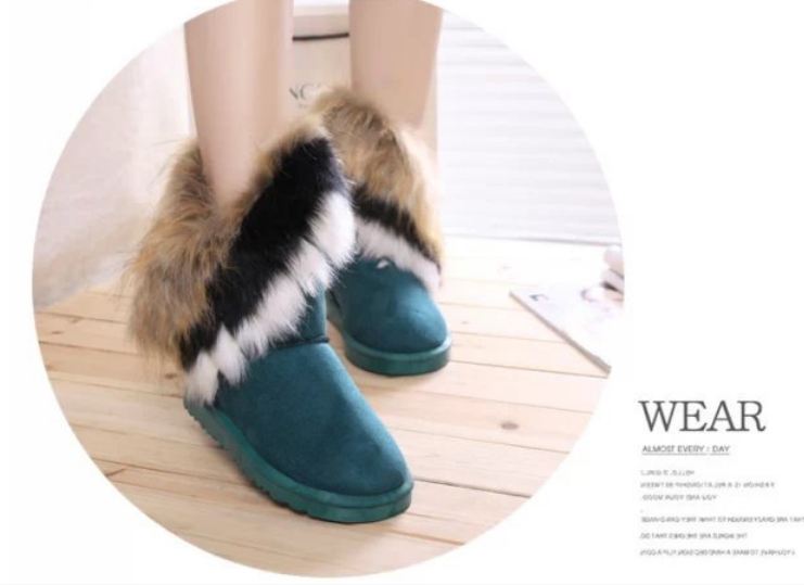 รองเท้าหุ้มส้นผู้หญิง รองเท้าบูท นิด ๆ ตกแต่งขนเฟอร์ ขนกระต่ายสีน้ำตาล ที่ข้อ รองเท้าแฟชั่น หุ้มส้น สไตล์สาว วินเทจ สีฟ้า 96015_1