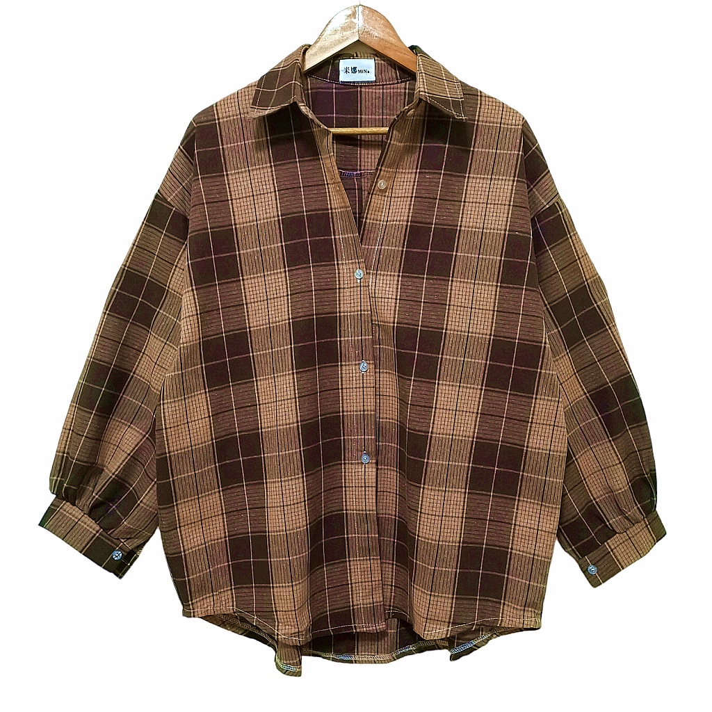 🧸Blouse4080 เสื้อเชิ้ตโอเวอร์ไซส์ ใส่ได้ถึงสาวอวบ 50 นิ้ว โทนสีน้ำตาลอบอุ่น ลายสก็อตไม่เคยเอ๊าท์ ใส่ได้ทุกวัน