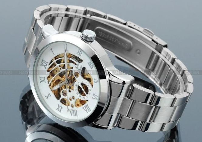 นาฬิกาข้อมือ โชว์กลไก Mechanical watch นาฬิกาไม่ต้องใช้ถ่าน นาฬิกาข้อมือผู้ชาย สาย Stainless Steel หน้าปัดขาว ลายก้างปลา ของขวัญสุดหรู 673953