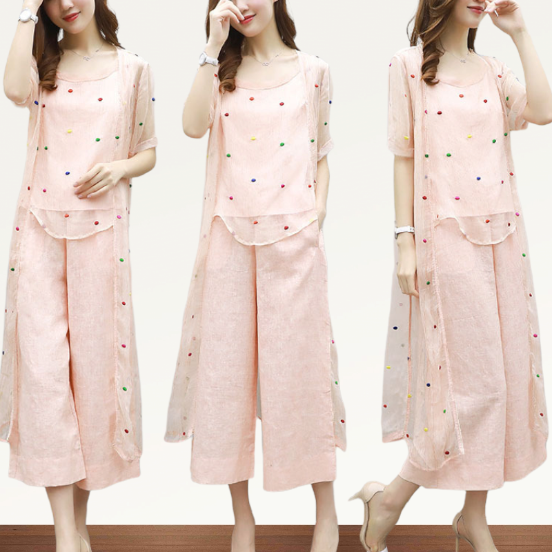 Set_bt1717 ชุดเซ็ท 3 ชิ้น(เสื้อ+กางเกง) เสื้อแขนกุด+เสื้อคลุมตัวยาวงานปักลายจุดผ้าชีฟองเนื้อดี+กางเกงขายาวเอวยืดกระเป๋าข้างผ้าคอตตอนเนื้อนุ่มใส่สบาย งานดีดีเทลดีงาม สวยดูดีแบบไม่ซ้ำใคร