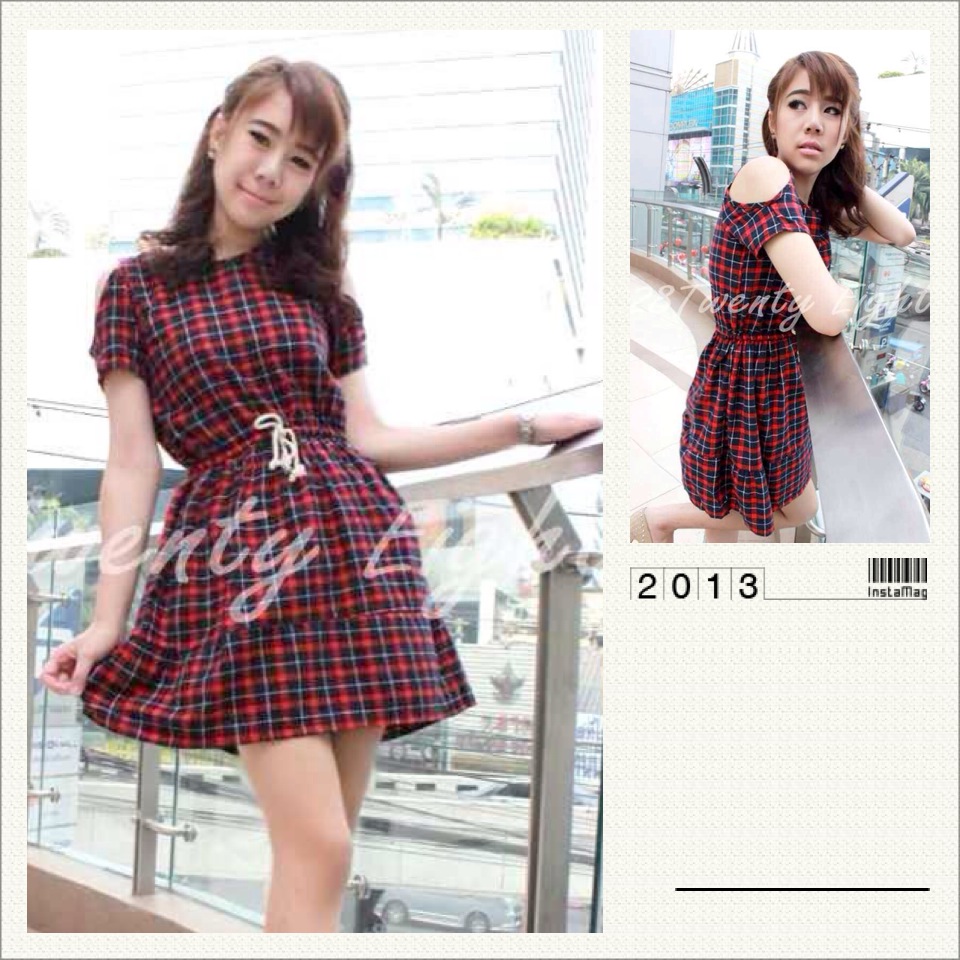 เดรสเว้าไหล่เอวรูด ลายสก็อต same pic