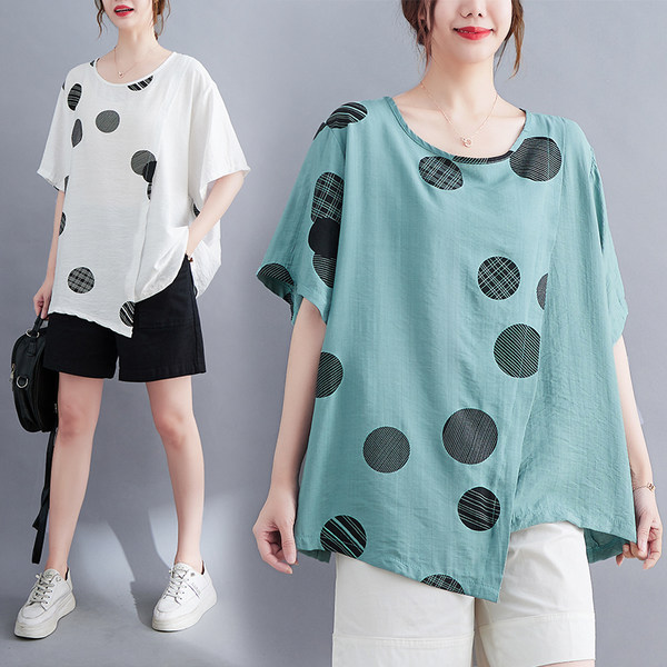 เสื้อทีเชิ้ตคนอ้วนผู้หญิงสไตล์คอตตอนลินินมีไซต์อก 47-48 นิ้ว