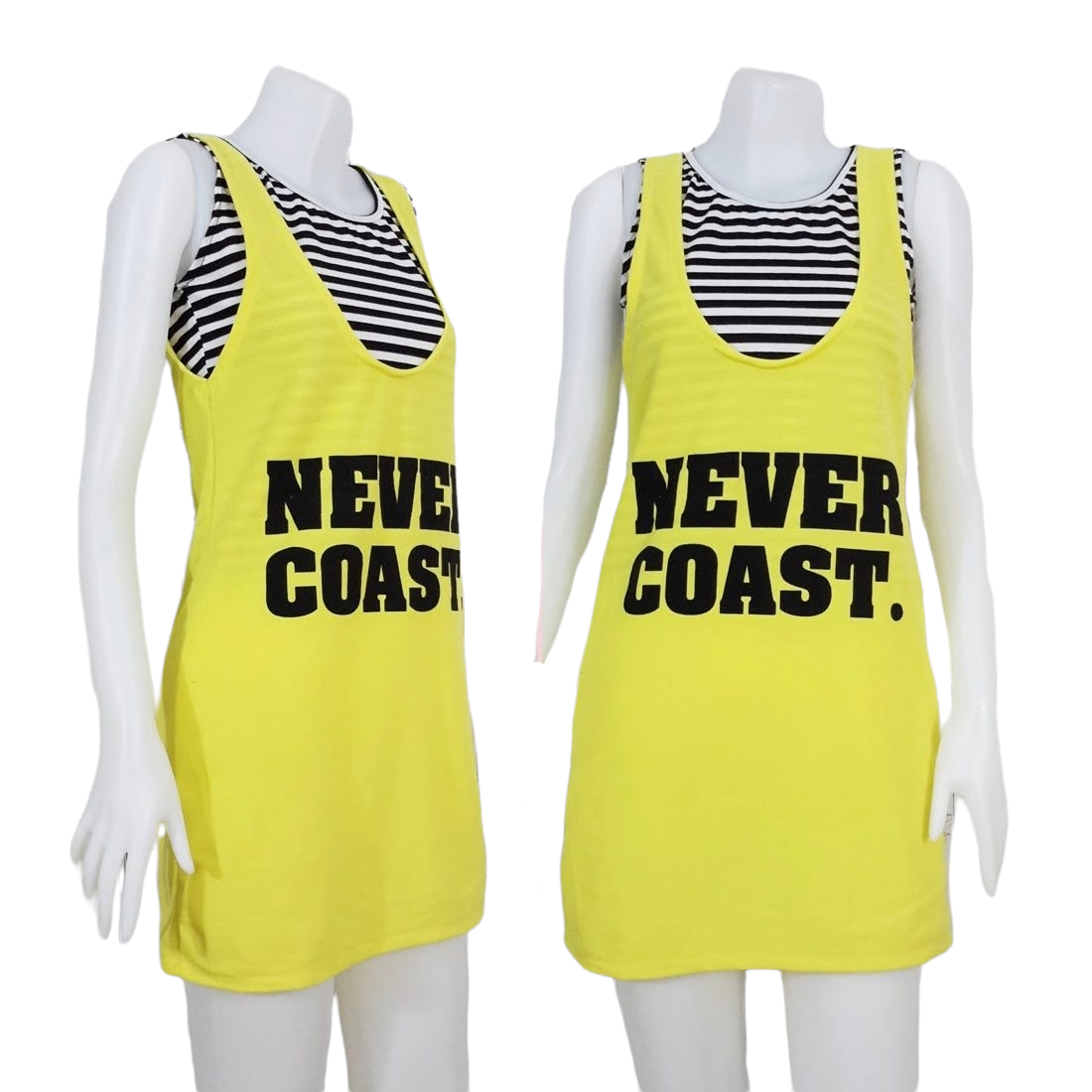 Dress3286 ชุด 2 ชิ้น(เสื้อ+เอี๊ยม) ชุดเอี๊ยมกระโปรงสกรีนลายผ้าโปโลสีพื้นเนื้อดีหนาสวย+เสื้อยืดแขนกุดลายริ้ว มี 3 สี เหลือง ม่วง ชมพู