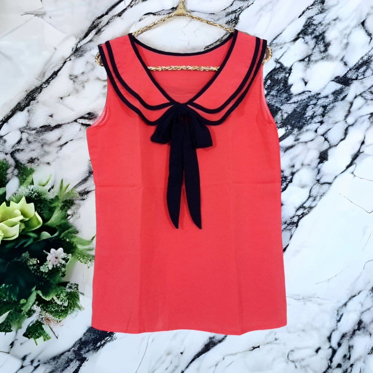 Blouse1734 เสื้อแฟชั่นน่ารัก คอบัวผูกโบว์ แขนกุด ผ้าชีฟองเนื้อดีเรียบสวย สีพื้นโอลด์โรส งานน่ารัก แมทช์กับกางเกงหรือกระโปรงได้หลายแบบ