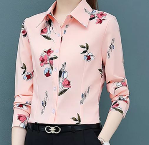 เสื้อเชิ้ตผู้หญิง เสื้อเชิ้ต แฟชั่น ผ้าลื่น ใส่สบาย ลาย ปริ้นดอกไม้ สีโอรส สวยหวาน เสื้อเชิ้ตใส่ทำงาน 634933
