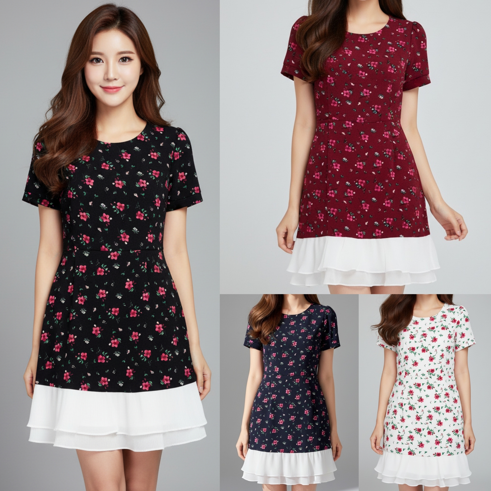 Dress3610 ชุดเดรสทรงสวยลายดอกไม้ต่อชายระบายอัดพลีทสีขาว ผ้าฮานาโกะเนื้อหนามีน้ำหนักทิ้งตัวสวย มี 4 สี ดำ, ครีม, เลือดหมู, กรม