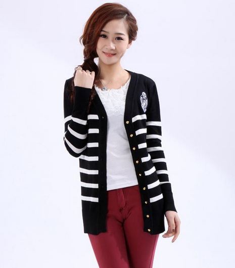 เสื้อไหมพรม แขนยาว เสื้อถักนิตติ้ง สีดำ เสื้อคลุม ผู้หญิง แบบ Slim fit สีดำ ลายขาวคาด เสื้อคลุม ใส่ในห้องเรียน ในออฟฟิต 73129