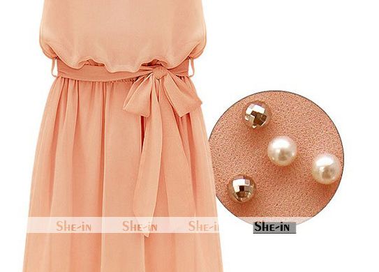 เดรสออกงาน เนื้อผ้าซีฟอง แขนกุด ปักมุกเลื่อมที่ไหล่ 2 ข้าง สีโอรส no 12992_1