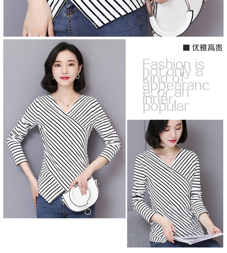 Blouse3826 เสื้อยืดคอวีป้ายชายแหลมลายริ้วสีขาว แขนยาว ผ้าคอตตอนสแปนเด็กซ์เนื้อดียืดหยุ่นสูงใส่สบาย งานสวยแมทช์กับขาสั้นหรือขายาวก็น่ารักไม่แพ้กัน