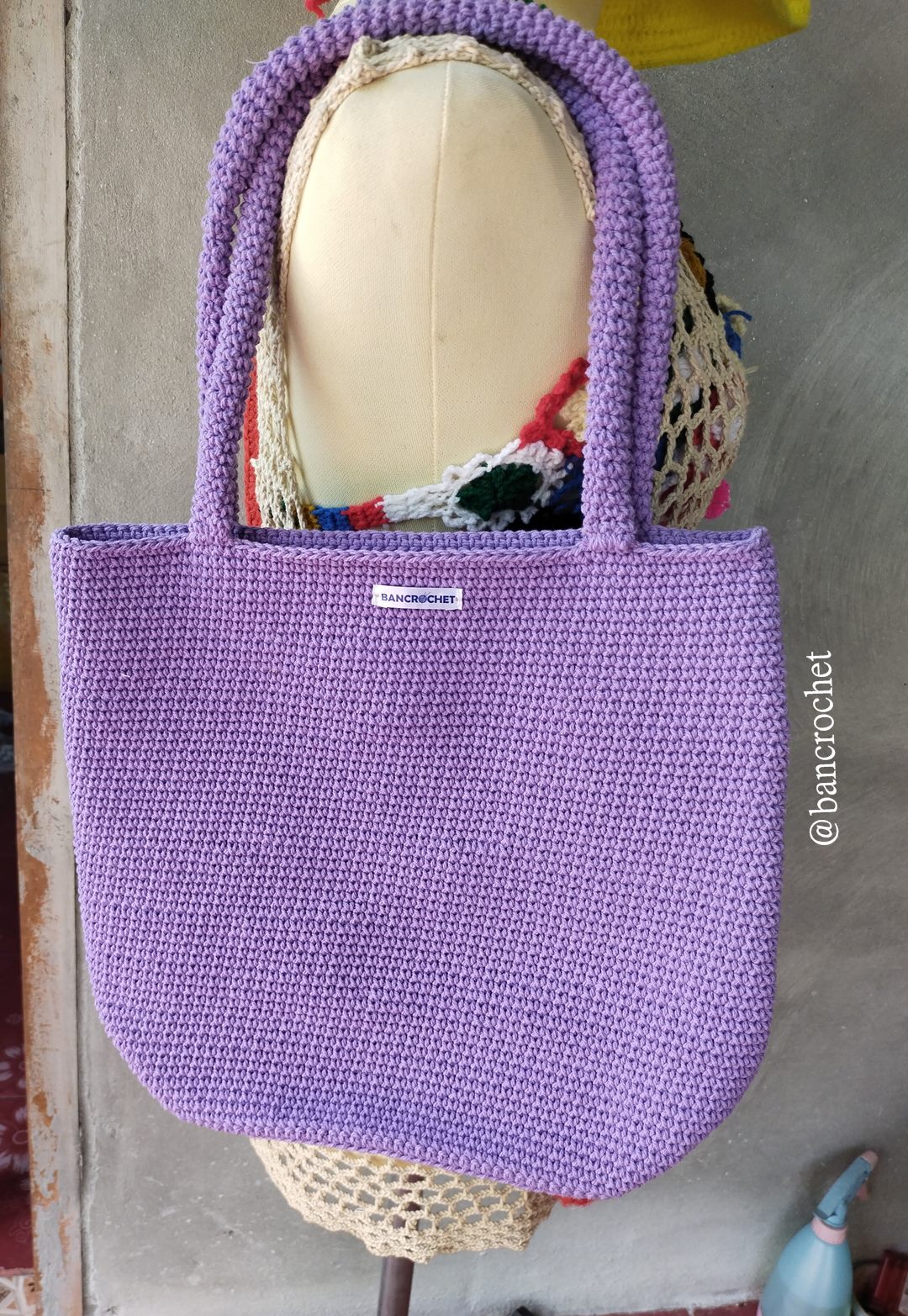 Bancrochet กระเป๋าถักโครเชต์ crochet bag ม่วง 29*30*9 สาย 22 cm