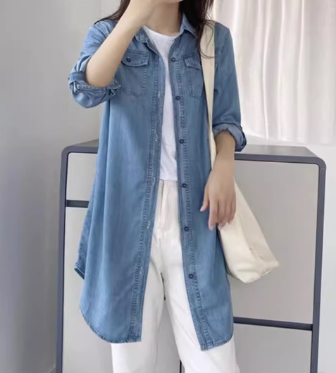 เสื้อเชิ้ตยีนส์ เสื้อคลุมยีนส์ ผู้หญิง แบบตัวยาว แขนยาว เสื้อยีนส์ ใส่คลุม ใส่เที่ยว แบบวัยรุ่น น่ารัก ๆ วินเทจ 517998