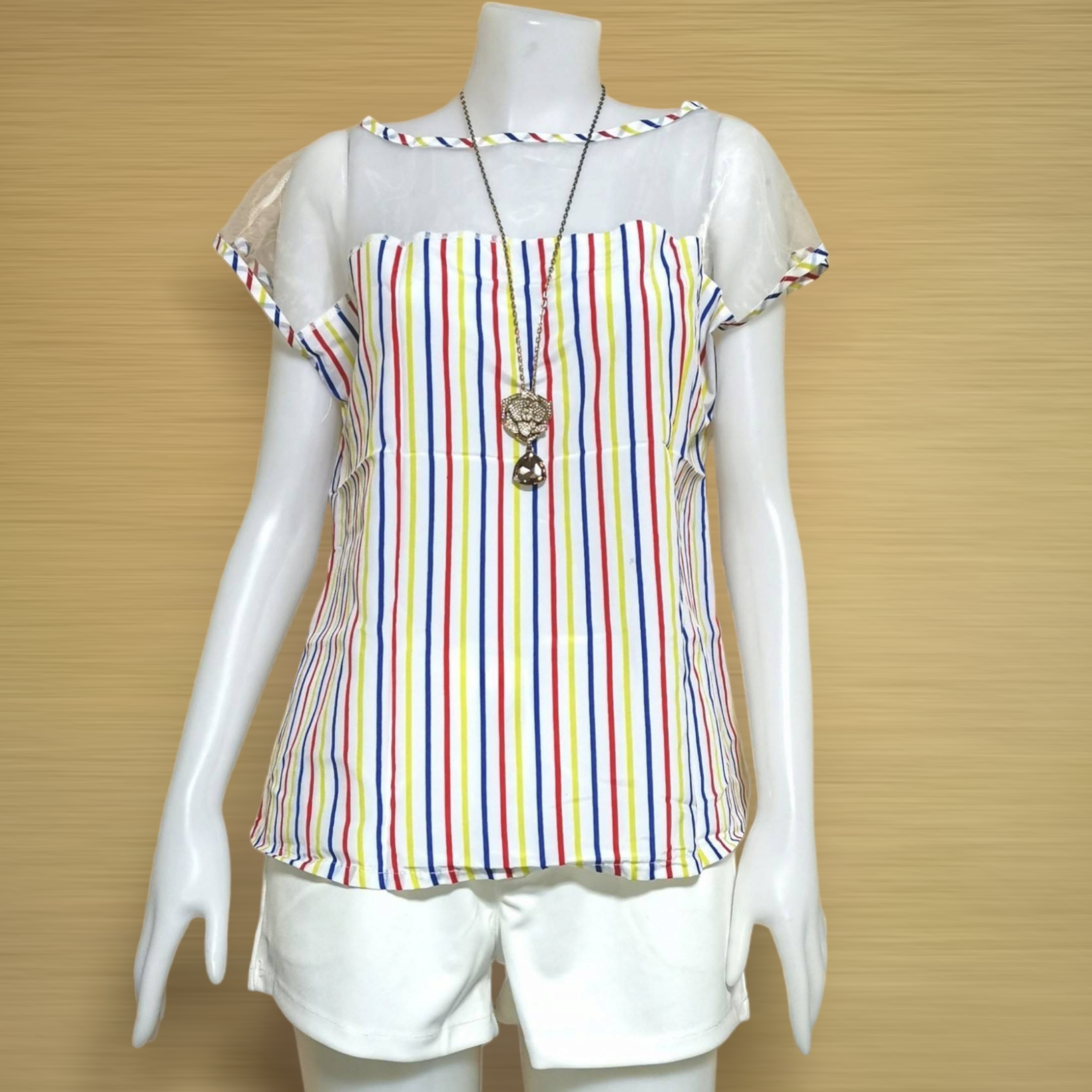 Blouse2151 เสื้อแฟชั่นไซส์ใหญ่สาวอวบ (รอบอก 44 นิ้ว) แขนในตัว อกซีทรู ผ้าชีฟองลายทางโทนสีขาวเหลืองแดงฟ้า